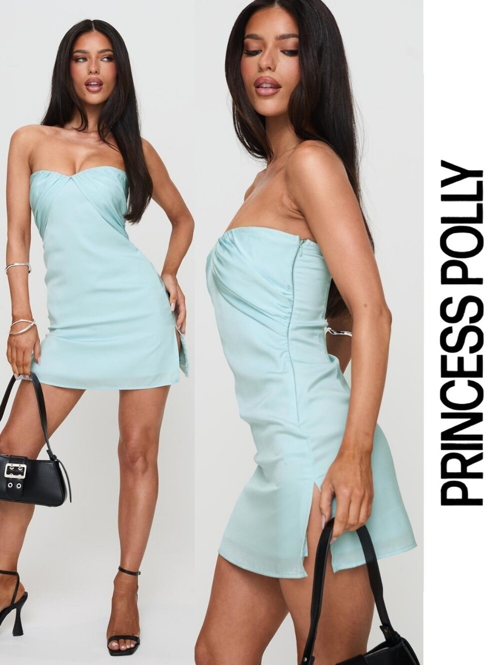 Princess Polly Irena Strapless Mini Dress Pleated Bust - Light Blue